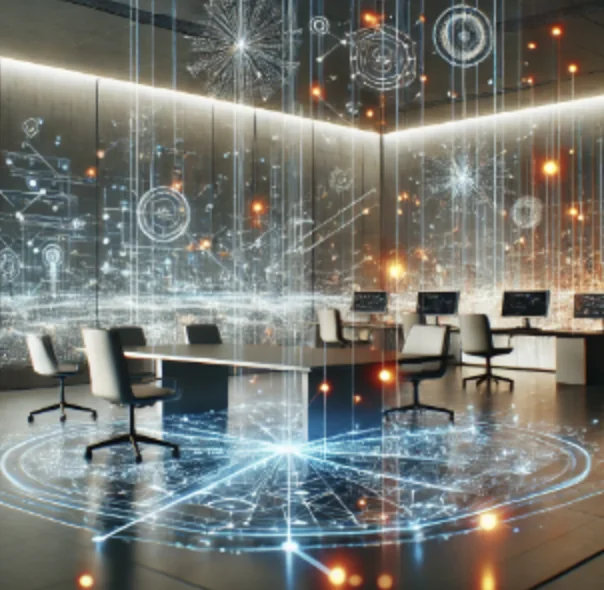 Illustration of an empty modern office with glowing digital network lines across the walls and floor