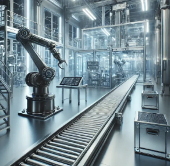 Illustration of an automated factory floor with a robotic arm and a conveyor belt