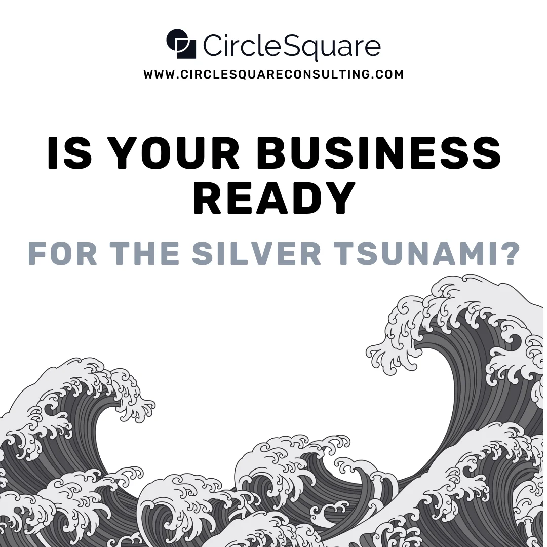Circle Square graphic reading Is Your Business Ready for the Silver Tsunami, above illustrated ocean waves