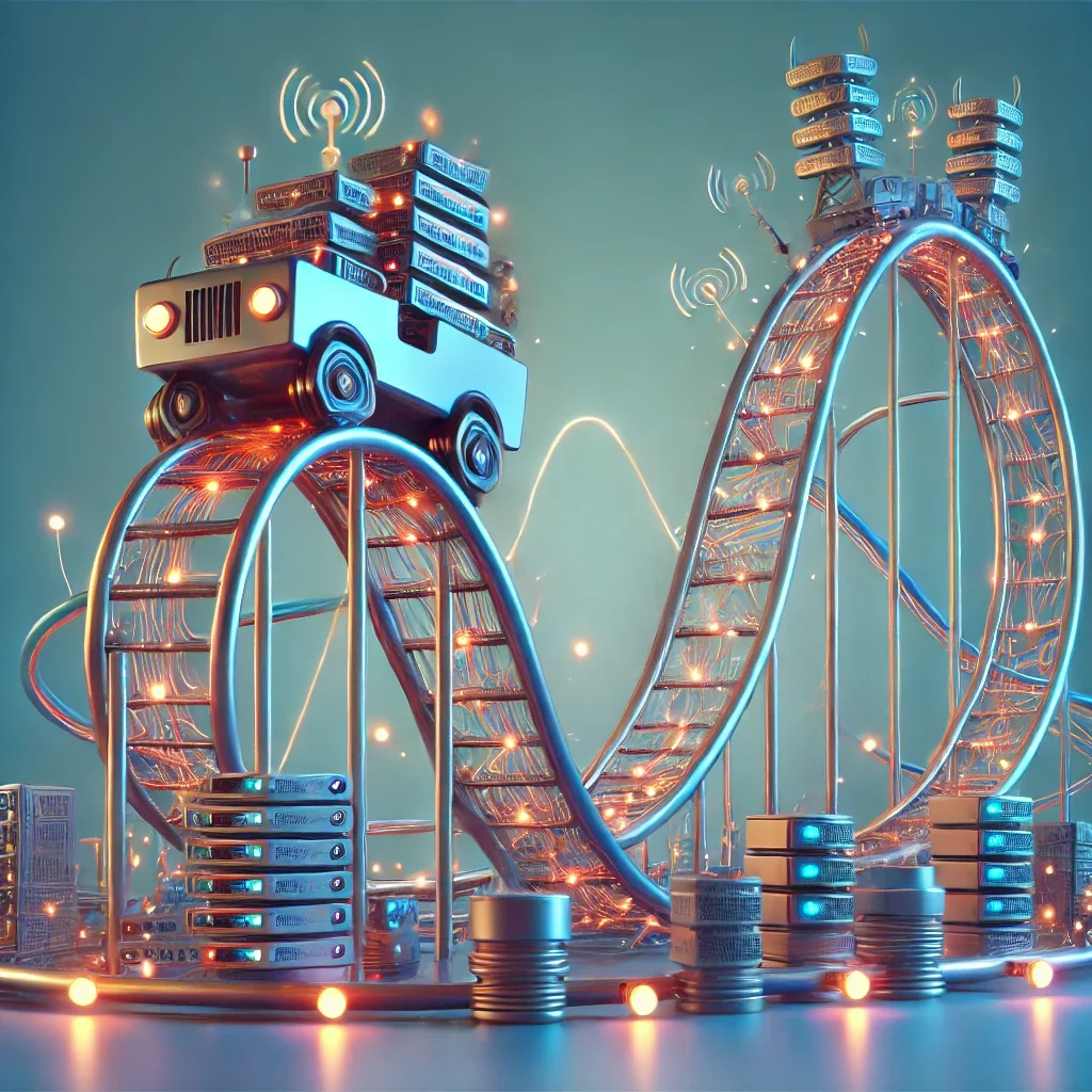 A playful rollercoaster made of circuits and wires, with tech components like routers and servers forming the twists and turns.