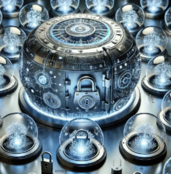 Illustration of a secure digital vault surrounded by glass domes holding padlocks