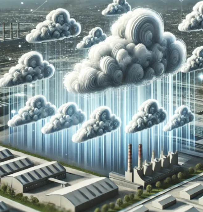 Illustration of stylized clouds above an industrial park, linked to the buildings by streams of light