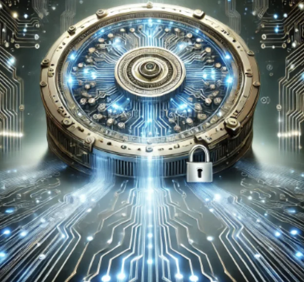 Illustration of a circuit-board vault door with a padlock, surrounded by glowing circuit traces
