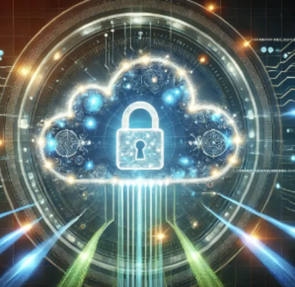 Illustration of a glowing cloud with a padlock at its center, surrounded by data streams