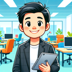 DALL·E 2023-10-31 17.03.03 - Cartoon illustration of a cheerful tech CEO in a colorful office setting, smiling confidently while holding a digital tablet. The CEO has short black