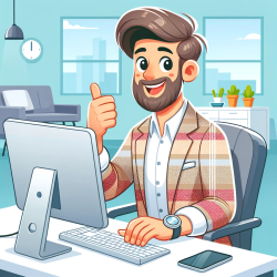 DALL·E 2023-10-31 17.07.44 - Cartoon illustration of a friendly tech COO in his mid-30s, sitting at a modern desk with a PC, looking at the screen and giving a thumbs up. The COO