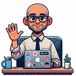 DALL·E 2023-10-31 17.07.46 - Cartoon illustration of a masculine Director of Client Services in his late 30s, sitting at a playful desk with a laptop covered in stickers, waving h